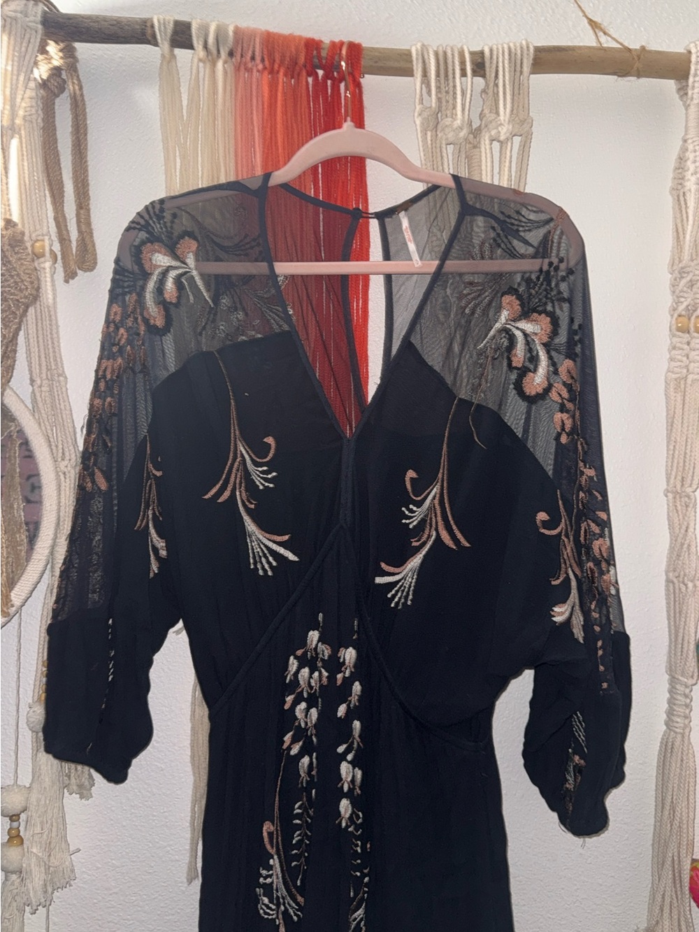 Free People Black Embroidered Long Sleeve Midi Dress